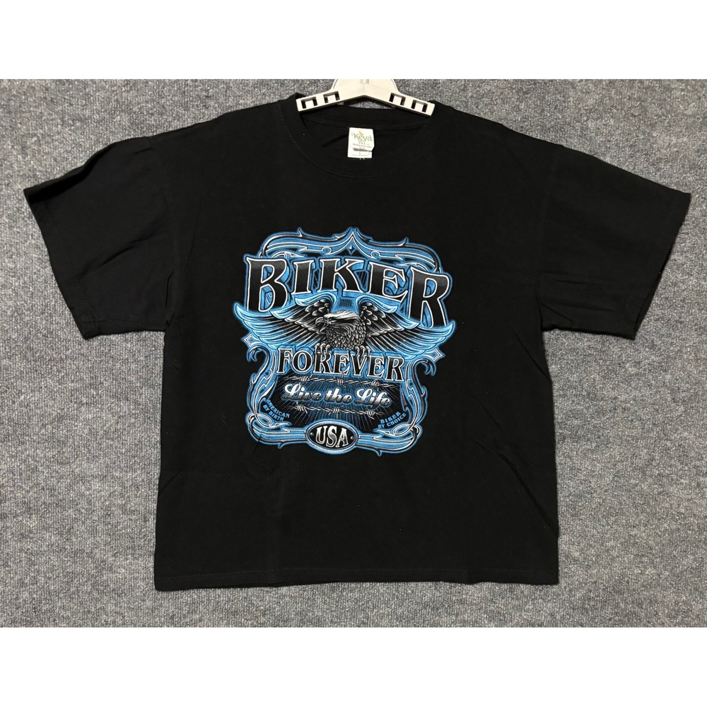 Keya USA Mens Large Black Biker Forever Eagle Graphic‎ T Shirt Motorcycle Biker
